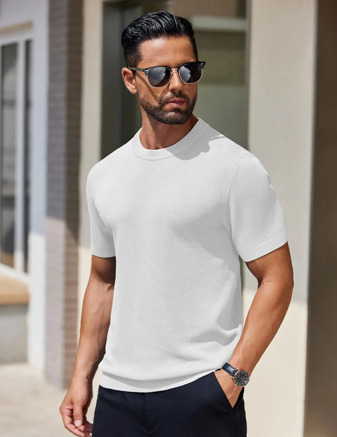 COOFANDY Men's Knit T-Shirts Short Sleeve Crewneck Shirt Casual Textured Pullover Tees