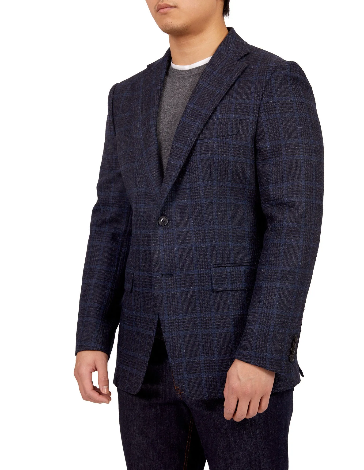 HENRY SARTORIAL DORMEUIL Full Canvas Fancy Check Jacket NAVY LG