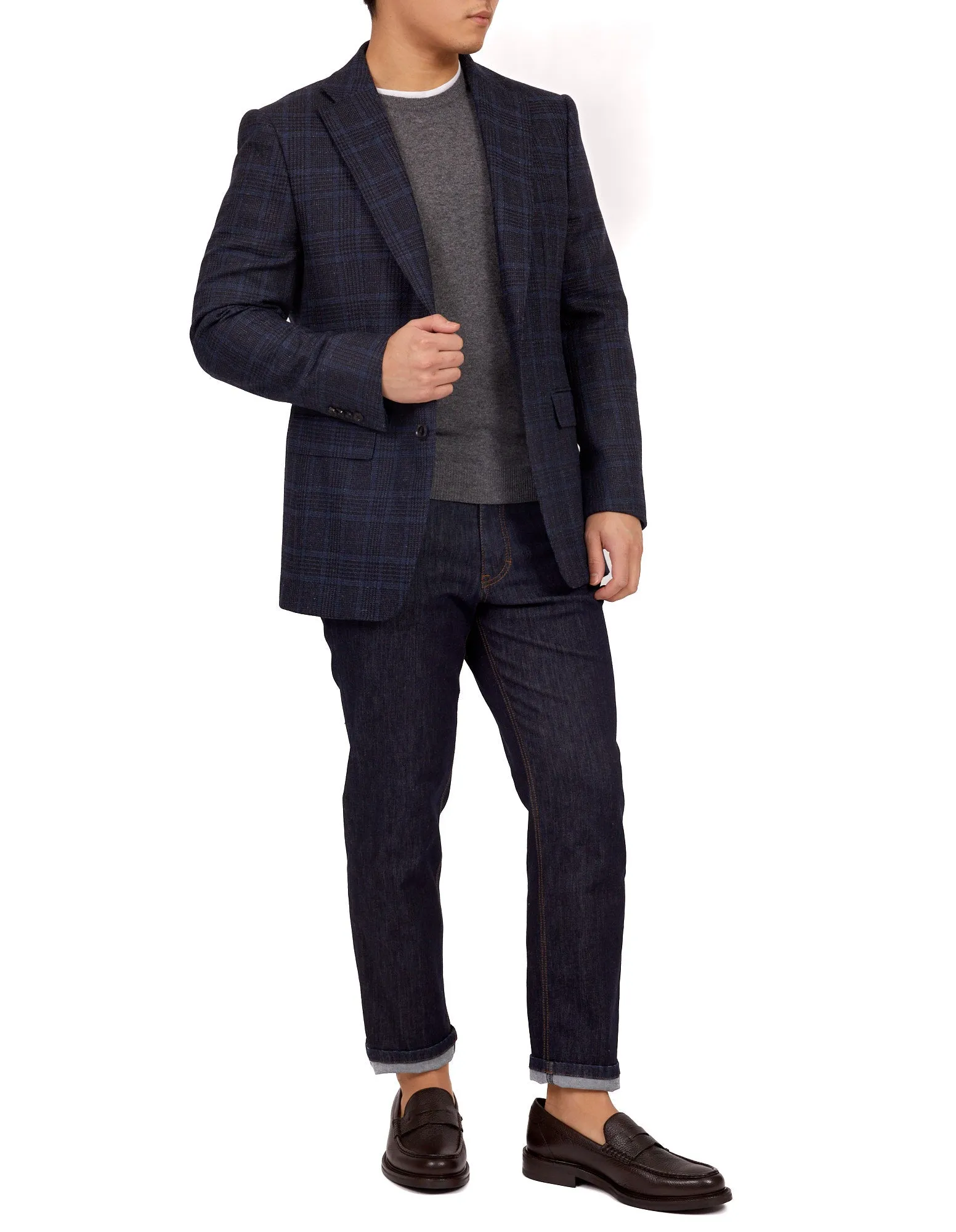HENRY SARTORIAL DORMEUIL Full Canvas Fancy Check Jacket NAVY LG