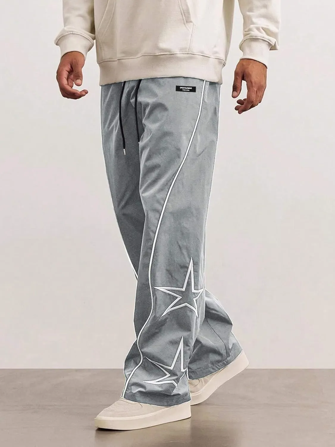 ZAFUL Men's Side Star Casual Pants Y2K Lightweight Sweatpants Drawstring Dance Pants Baggy Fashion Straight Leg Pants